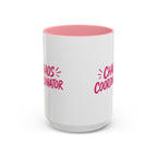 White coffee mug with pink interior featuring bold pink Chaos Coordinator text design