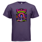 Blacklight Garden Petal To The Portal psychedelic t-shirt design with neon flowers, mushrooms, moons, stars, vines, and a glowing cosmic portal.