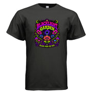 Blacklight Garden Bloom From The Void psychedelic graphic t-shirt design with neon flowers, mushrooms, cosmic stars, and retro blacklight poster typography.