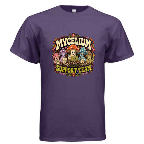 Colorful psychedelic mushroom graphic t-shirt design reading Mycelium Support Team with cheerful fungi characters, roots, stars, and retro lettering.