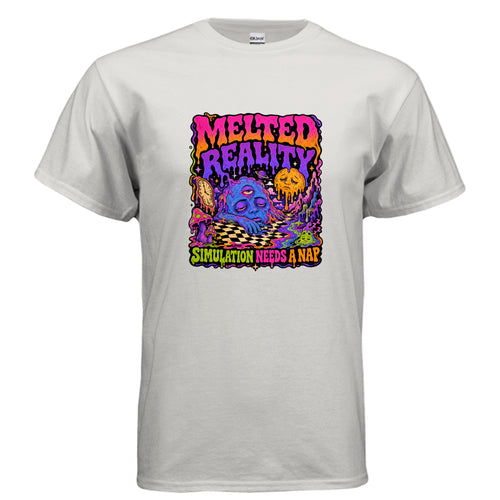 Psychedelic Melted Reality Simulation Needs A Nap graphic t-shirt design with surreal cosmic artwork, mushrooms, melting text, and sleepy dreamlike details.