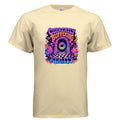 Currently Buffering Reality psychedelic t-shirt design with neon portal, glowing loading icon, checkerboard floor, cosmic clouds, stars, and retro bubble lettering.