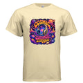 Cosmic Customer Service psychedelic t-shirt design with retro headset, planets, neon sound waves, stars, and bold bubble lettering.