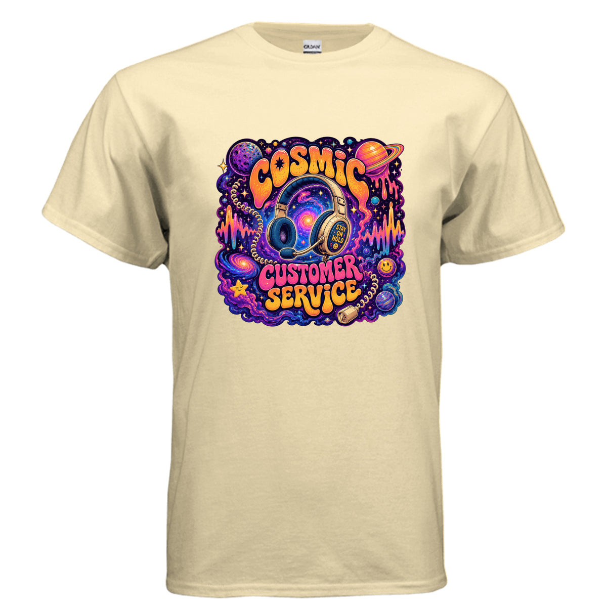 Cosmic Customer Service psychedelic t-shirt design with retro headset, planets, neon sound waves, stars, and bold bubble lettering.