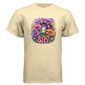 Colorful psychedelic t-shirt graphic reading “The Portal Is Feeling Shy,” featuring a shy glowing portal hiding among oversized flowers, mushrooms, stars, and cosmic swirls.
