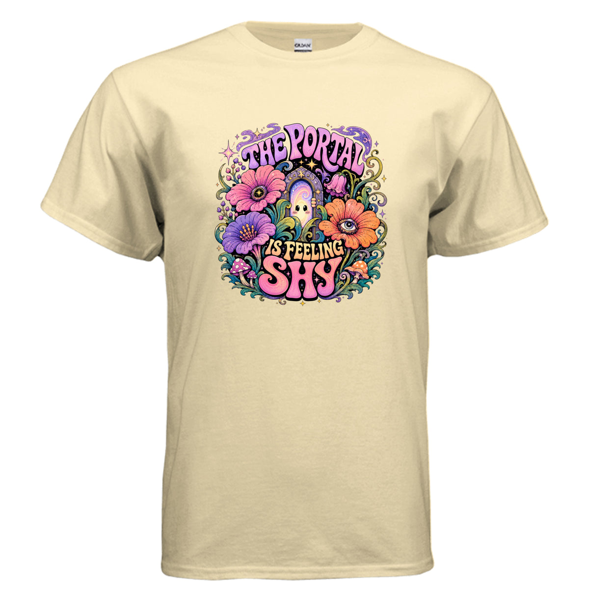 Colorful psychedelic t-shirt graphic reading “The Portal Is Feeling Shy,” featuring a shy glowing portal hiding among oversized flowers, mushrooms, stars, and cosmic swirls.