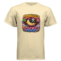 Chronically Cosmic psychedelic t-shirt design featuring a sleepy crescent moon lounging in a hammock between two colorful planets, surrounded by stars, mushrooms, cosmic swirls, and retro bubble lettering.