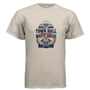 Patriotic t-shirt graphic reading From the Town Hall to the White House with Accountability Starts Here, featuring Americana civic buildings, stars, and stripes.