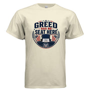 Greed Has No Seat Here True American Candidate political t-shirt design with empty government chair and Reserved for the People sign.