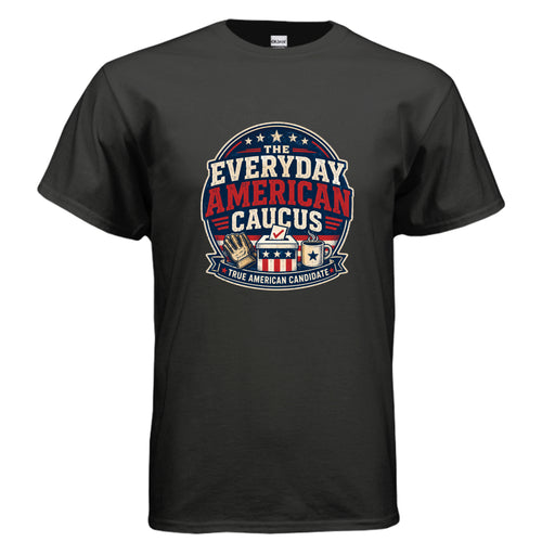 The Everyday American Caucus True American Candidate patriotic graphic t-shirt design with stars, ballot box, work glove, and coffee mug.