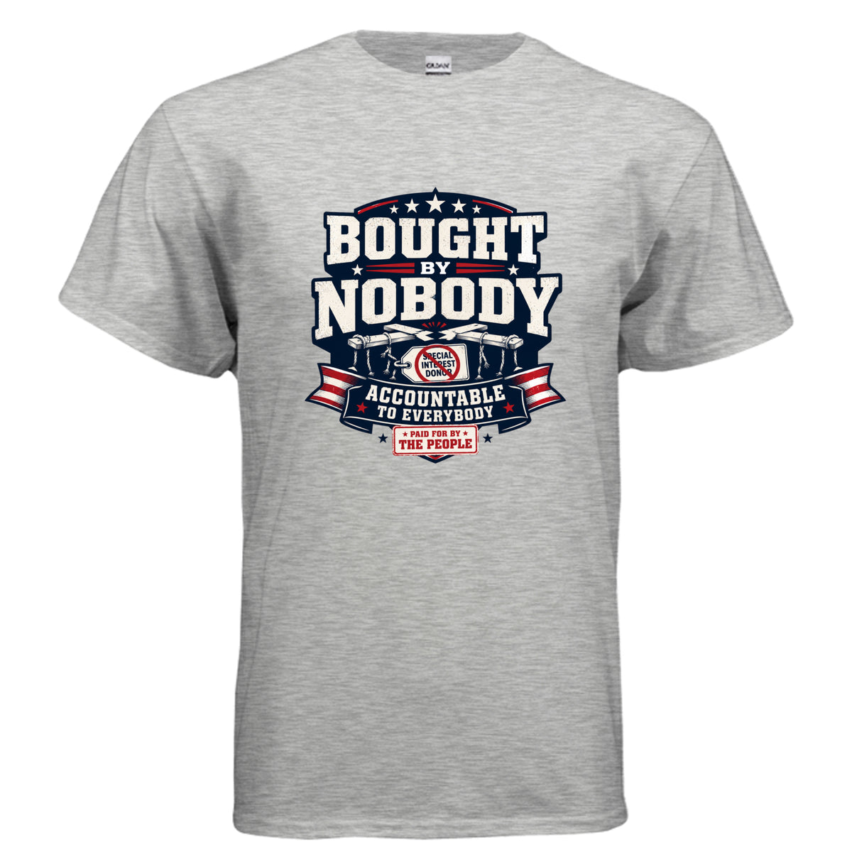 Bought by Nobody Accountable to Everybody patriotic political t-shirt design with stars, stripes, broken puppet strings, crossed-out special interest donor tag, and Paid For By The People stamp.