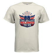 Patriotic “The Ballot Belongs to Us” t-shirt design featuring a ballot box, stars, stripes, and bold red, white, and blue lettering.