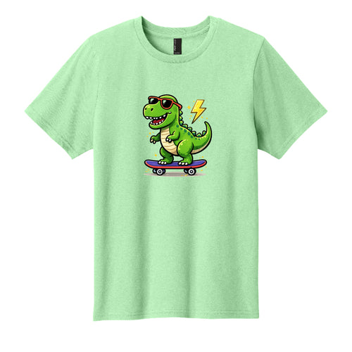 Cartoon green dinosaur wearing sunglasses riding a skateboard with a yellow lightning bolt, designed for a kids graphic t-shirt.